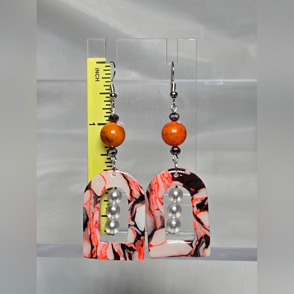 #B163- Handmade Marble Arch Earrings with Pearl Accents And Fire Agate Beads - Picture 2 of 5